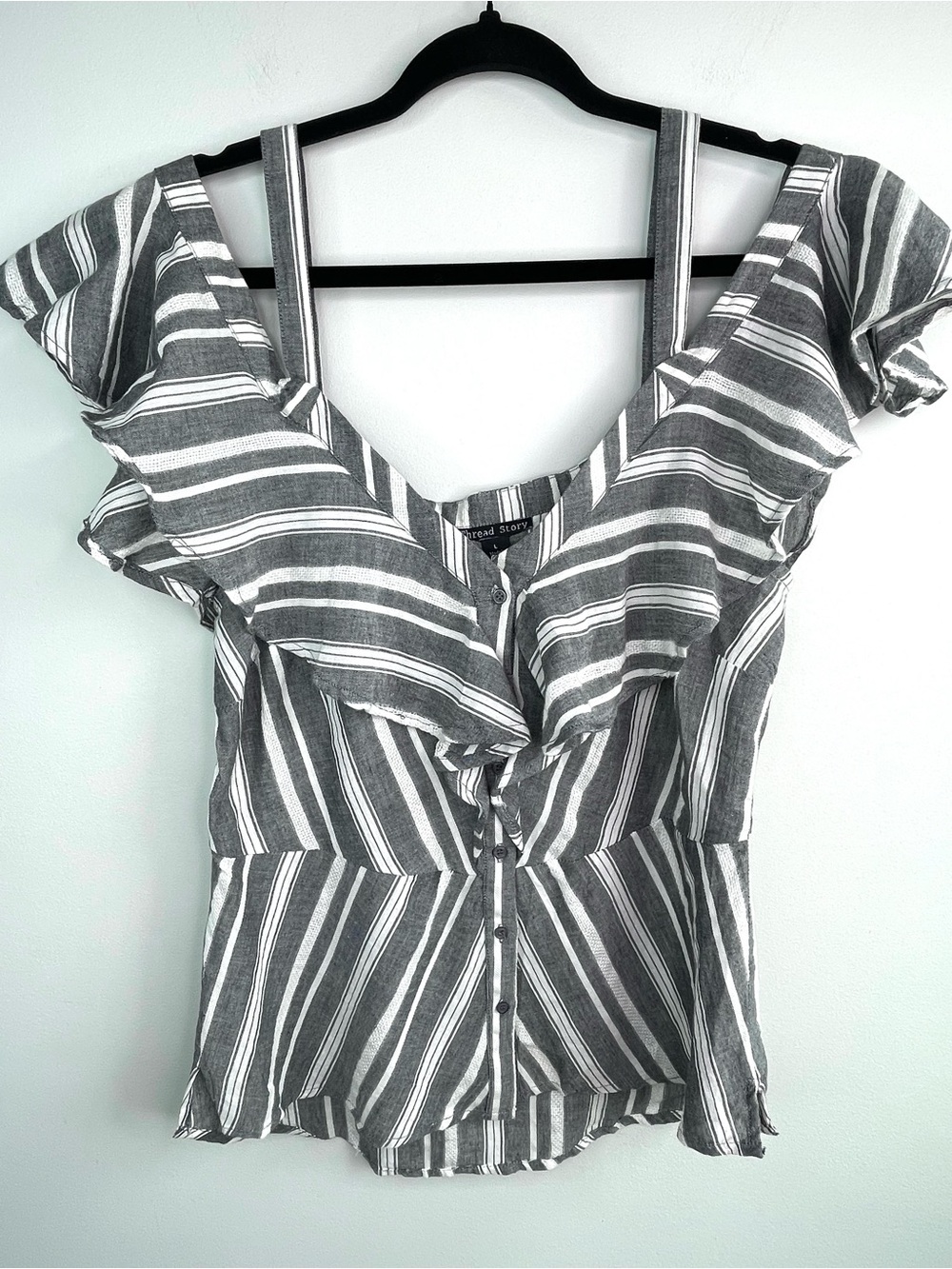Cold Shoulder Striped Ruffle Button-Front Women’s Blouse Fit And Flare Size L